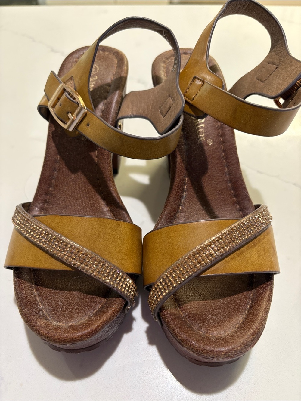 Nature Breeze Tan Wedge Sandals with Rhinestone Accent - Picture 6 of 6